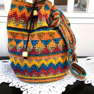 Colorful Hand Crocheted Drawstring Bag